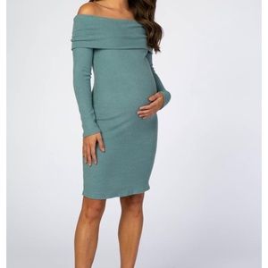 PinkBlush Maternity Off-Shoulder Ribbed Midi Dress – Teal (Medium)